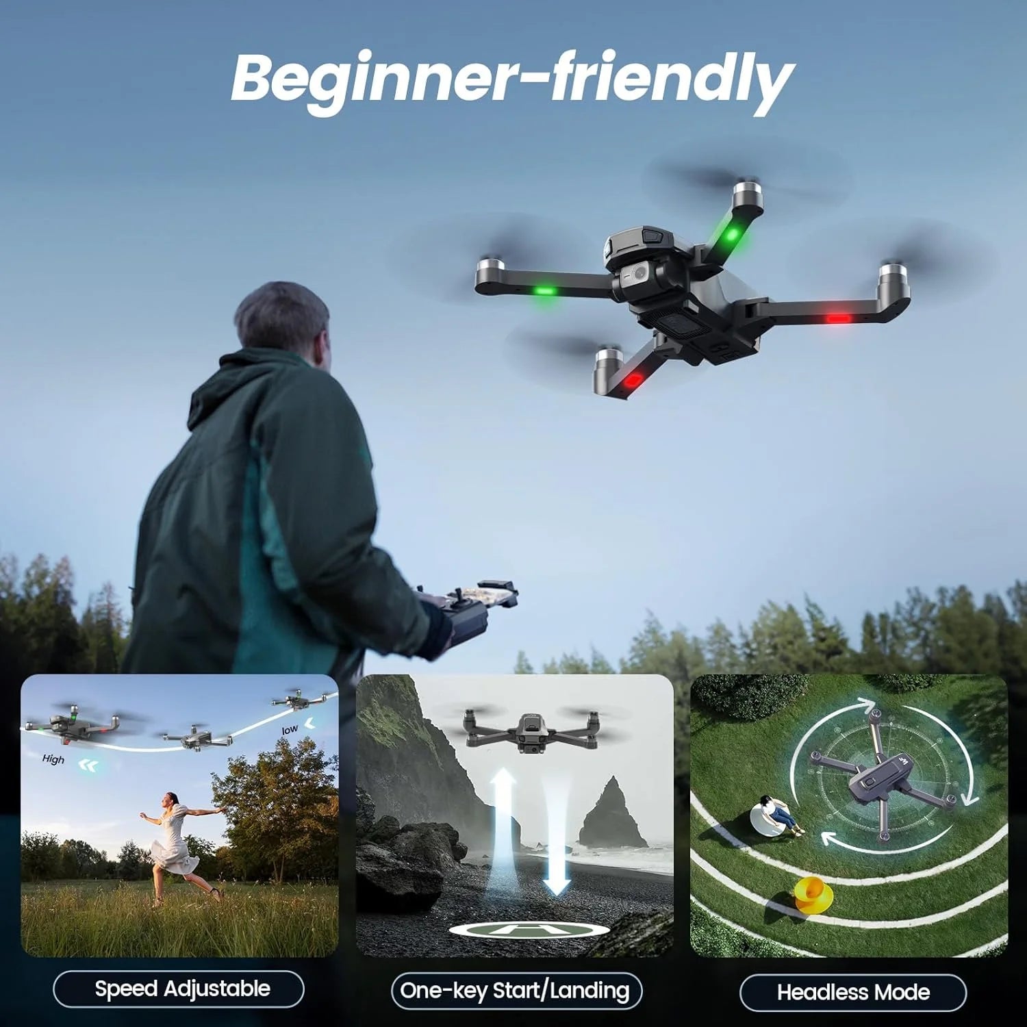 Drones with Camera for Adults 4K,  WF30 GPS Foldable Drone for Beginners, Auto Return Home, Brushless Motor, 5G Transmission, 2 Batteries, Black