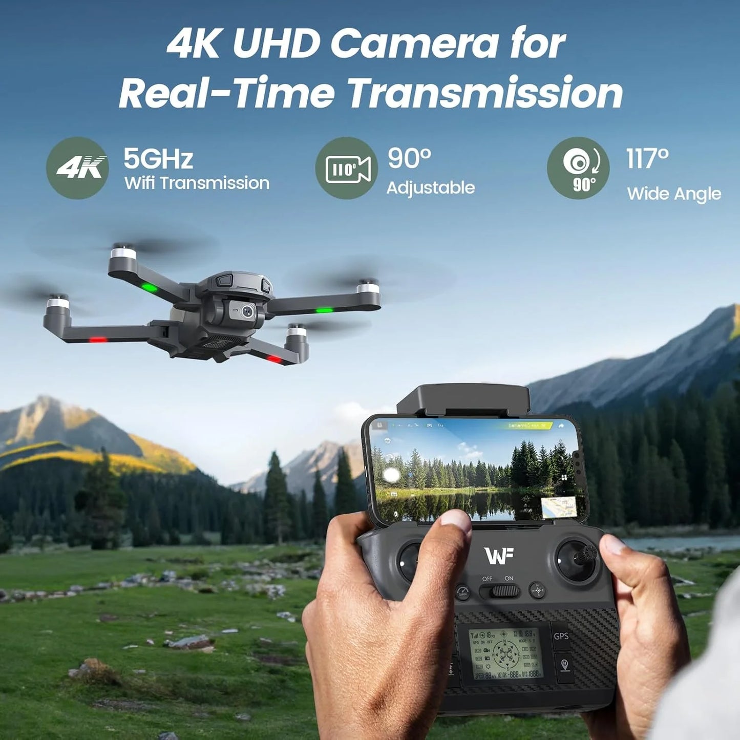 Drones with Camera for Adults 4K,  WF30 GPS Foldable Drone for Beginners, Auto Return Home, Brushless Motor, 5G Transmission, 2 Batteries, Black