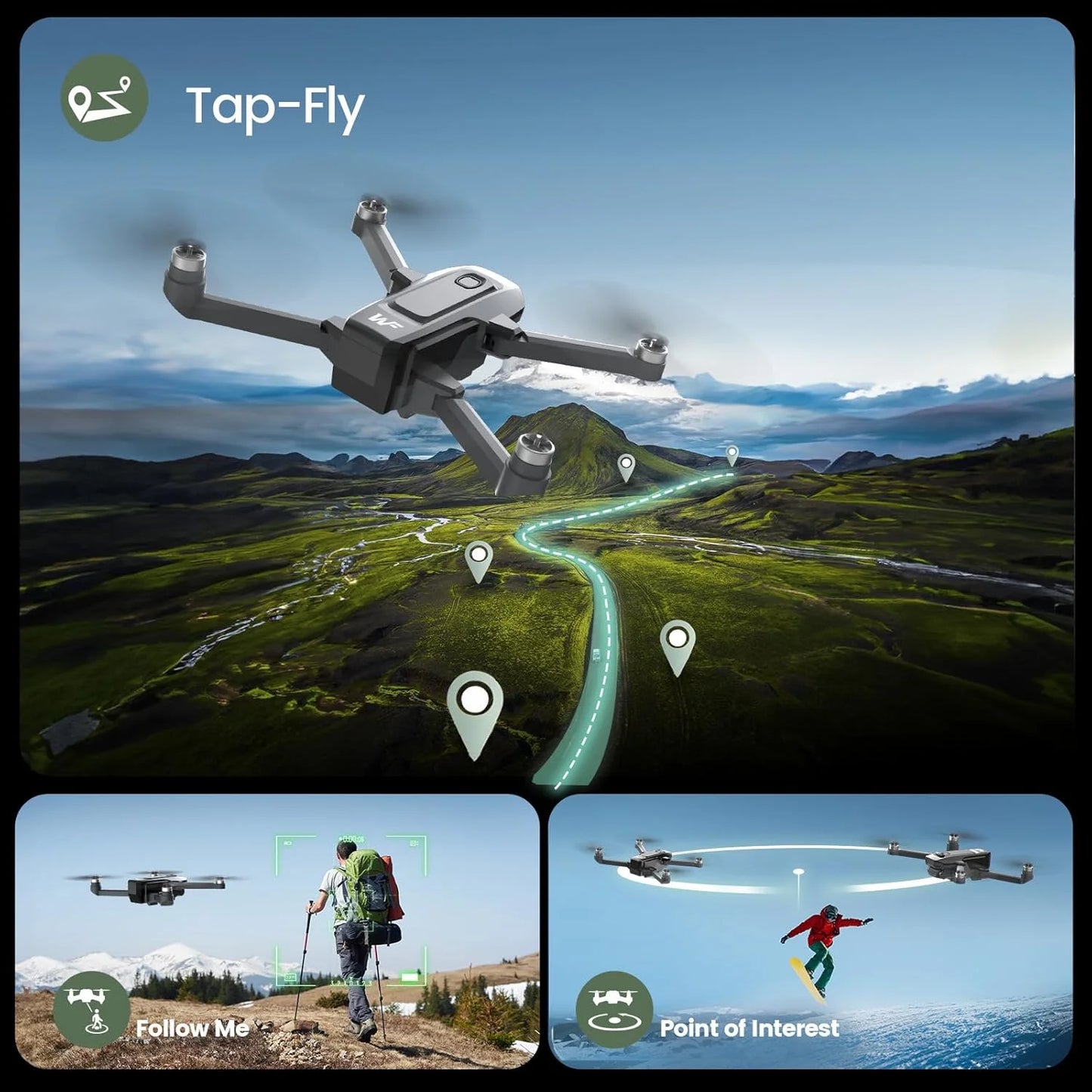 Drones with Camera for Adults 4K,  WF30 GPS Foldable Drone for Beginners, Auto Return Home, Brushless Motor, 5G Transmission, 2 Batteries, Black